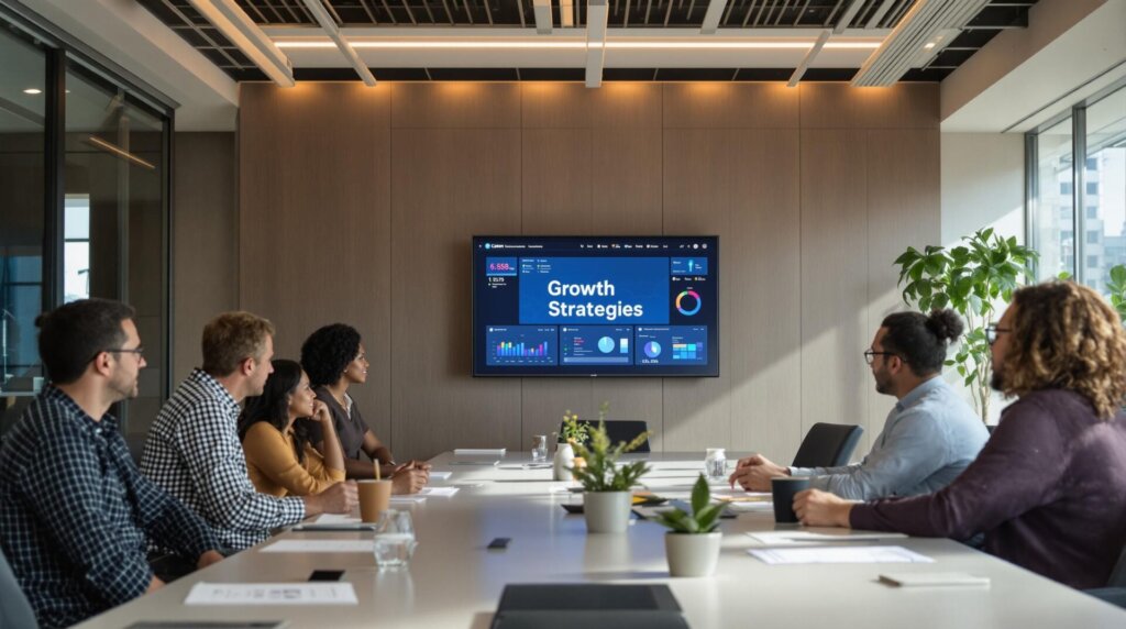 Team collaborating in modern office with growth strategies on digital screen