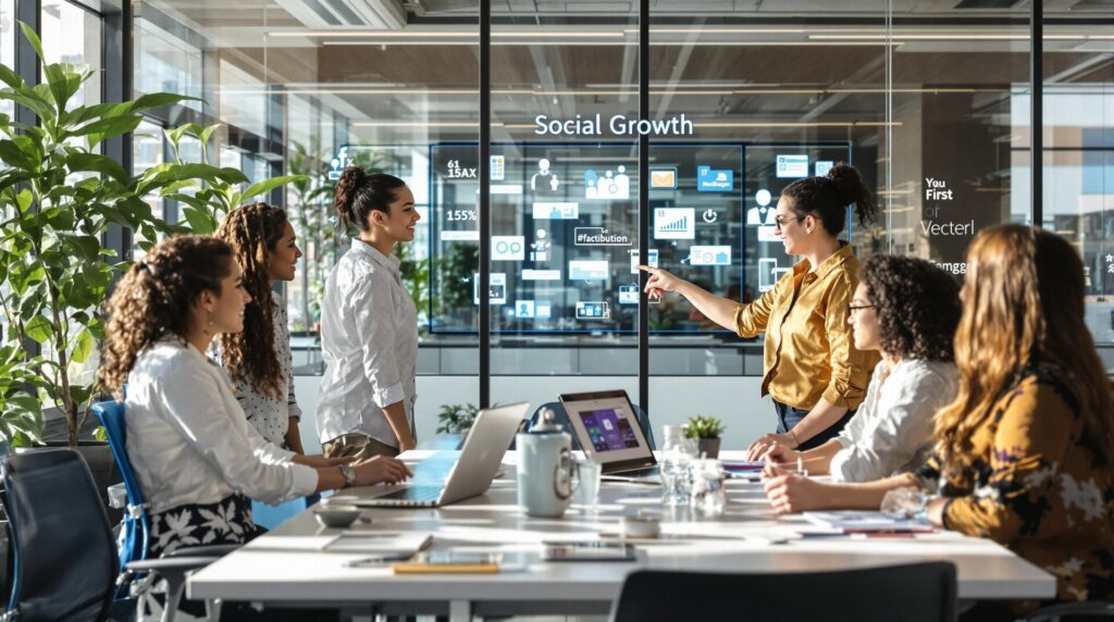 Marketing team collaborating on social media strategy in bright modern office